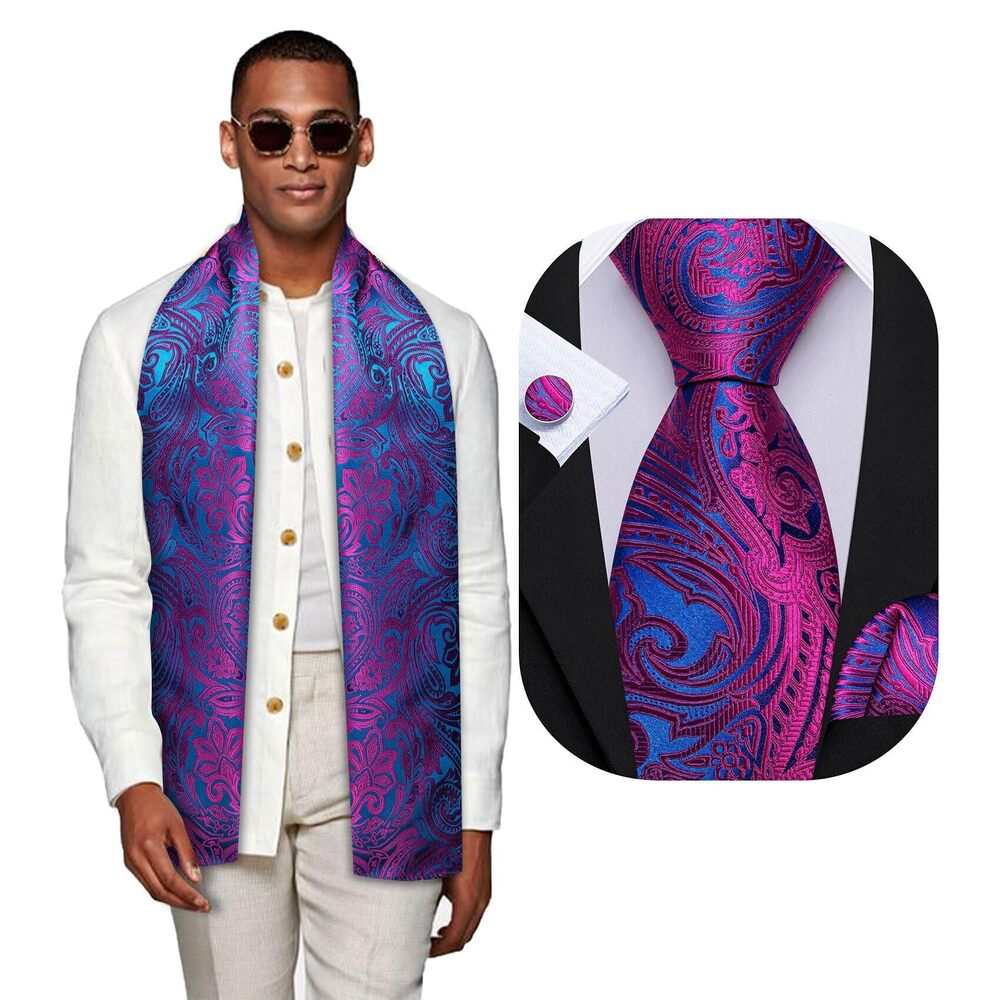 4447 Hot Pink Blue Scarf and Tie Paisley Silk Necktie Pocket Square